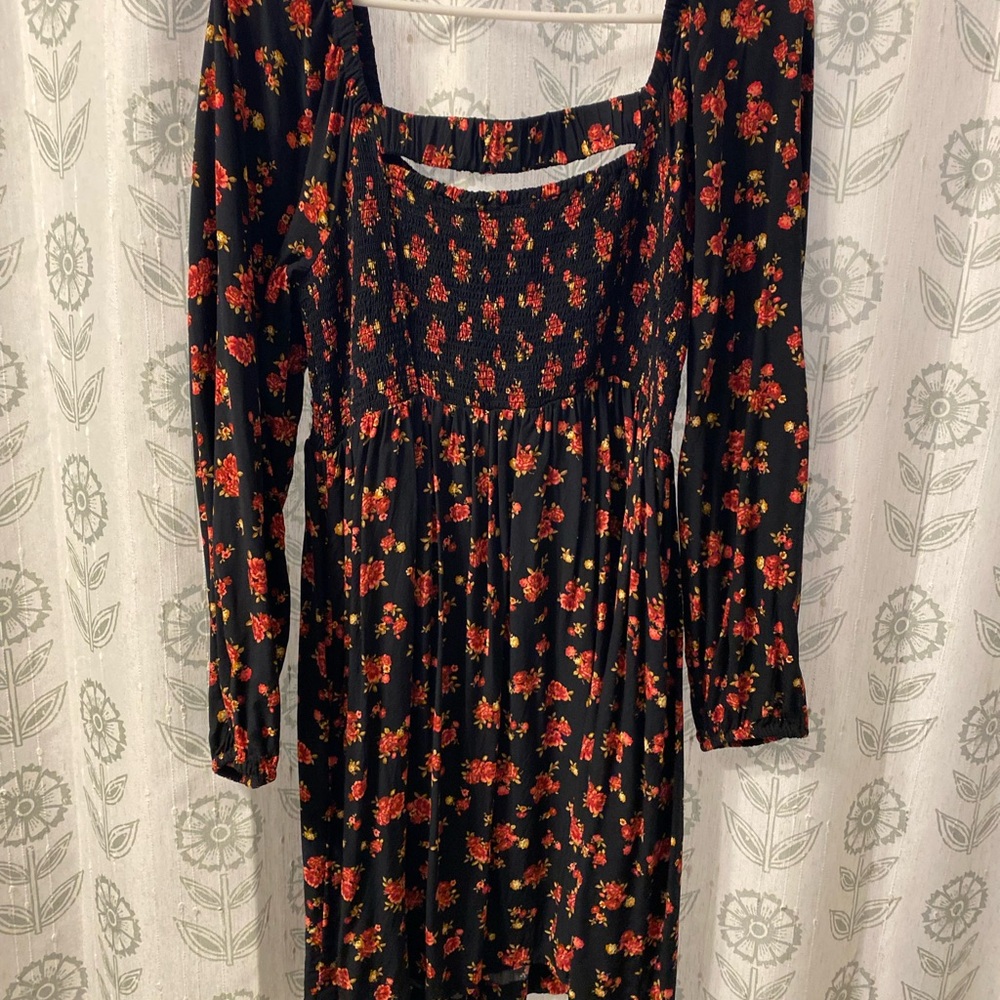 Floral Black and Red Women's Smocked Dress - Picture 4 of 5
